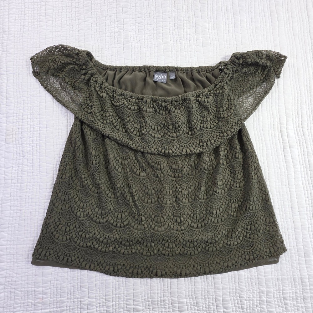 New York & Company Boho Scalloped Flounce Peasant Tunic Army Khaki Large